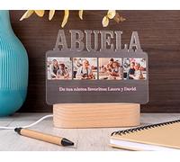 Made in Gift Lámpara de Metacrilato Personalizada “Abuela” con Fotos y Textos de Base de Madera Luminosa 14,5x6x3,5cm con Luz Blanca de Cable USB como Regalo Original para el Día de la Madre