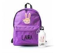 Made in Gift | Pack Mochila Infantil Personalizada + Cantimplora de Aluminio | Vuelta al Cole Niños | Mochila Escolar Personalizable con Nombre + Botella 400ml (Conejo)