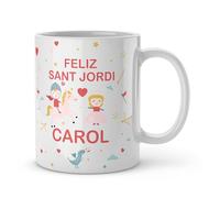 Made in Gift Taza Blanca de Cerámica con Asa 33cl Feliç Sant Jordi Personalizada con Diseño Español y Catalán como Regalo Original para Sant Jordi Apta para Microondas y Lavavajillas
