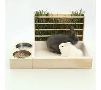 Madera Alimentador de Heno para Conejo con Bandeja Integrada, Alimentador Grande 3 en 1, Dispensador Anti-Despilfarro Multifuncional, Soporte Rastreador Cuencos Comida Hierbas Conejo Hamster Hámster