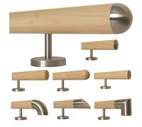 Madera de arce escalera pasamanos mango recto soporte de acero inoxidable, longitud 30-500 cm de una pieza/ejemplo: 170 cm con 3 soportes semicircular tapa de acero inoxidable