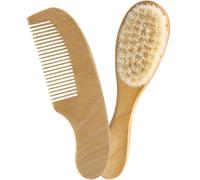 Madera Juego de Cepillo y Peine para Ñiño Recién Nacido | Lana Beige, Mango Liso, Desenredo Suave, para Costra Láctea y Cabello del Ñiño, Viaje y Bolso