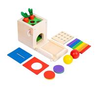 Madera Montessori Toys, Kit de juguetes Montessori 4 en 1 incluye juegos de caída de palos, cosecha de zanahoria, banco de monedas, caída de pelota, regalo para niños de más de 12 meses y juegos y ju