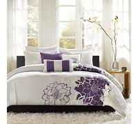 Madison Park 100% Cotton Duvet Set Beautiful Floral Pattern, Ruffle Border Design edredón Transpirable para Todas Las Estaciones, Fundas a Juego, Algodón, Morado/Gris, Queen(90"x90")