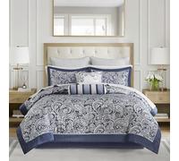Madison Park Aubrey - Juego de Ropa de Cama Alternativa, edredón Acogedor, Cachemira Jacquard, Seda sintética, Todas Estaciones, sábanas de algodón, faldón y Almohadas, Queen, Azul Marino, 12 Piezas