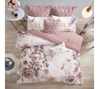 Madison Park Cassandra 8 Pc 100% Cotton Percale Large Floral Print with Reverse Solid Embroidered and Tufted Toss Pillows Shabby Chic All Season Comforter Bedding Set, Queen(90"x90"), Blush