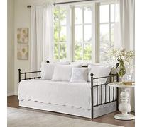 Madison Park Daybed Cover Set Damask Quilted Cover for Daybeds, All Season, Pre-washed Cotton-Filled Coastal Bedding with Scallop Edge, Shams, Bedskirt, Décor Pillows, Tuscany, White, 39"x75", 6 Piece