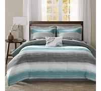 Madison Park Essentials Cozy Bed in a Bag Comforter, diseño de Colores Vibrantes, Funda Alternativa para Todas Las Estaciones con Juego Completo de sábanas, Queen (90 x 90 Pulgadas), Strip Aqua