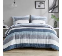 Madison Park Essentials Jaxon - Juego de edredón con sábana, diseño de Rayas Impresas, Ropa de Cama Moderna para Todas Las Estaciones y Funda a Juego, tamaño Queen Azul/Gris, 7 Piezas