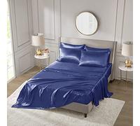 Madison Park Essentials Satin Sheet Set Luxury and Silky with Natural Sheen, Elastic 14" Pocket Fits up to 16" Mattress, All Around Elastic - Year-Round Bedding, King, Navy, 6 Piece