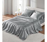 Madison Park Essentials Satin Wrinkle-Free Luxurious and Silky with 16" Deep Pocket 6 Piece Durable Sheet Set, King, Grey
