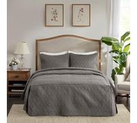 Madison Park Juego de Ropa de Cama Ligero para Todas Las Estaciones, Fundas de Almohada, Microfibra, Quebec, Damasco, Acolchado Gris Oscuro, tamaño King (79 x 81 + 24 D)