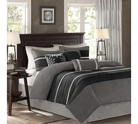 Madison Park Palmer - Set de edredón de microante, Combinado, 7 Piezas, Incluye 1 edredón, 3 Cojines Decorativos, 1 Falda para Cama, 2 Fundas de Almohada, California King, Negro y Gris