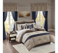 Madison Park Ropa de Cama de Lujo para Todas Las Estaciones, sábanas, Almohadas y Cortinas Decorativas, Cenefa, poliéster, Azul Marino, 24 Piezas, tamaño King