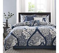 Madison Park Ropa de Cama Ligera para Todas Las Estaciones, Fundas, faldón de Cama, Almohadas Decorativas, 100% algodón, Viena, Damasco Indigo, Cal King (264 x 233 cm)