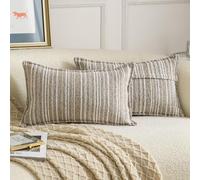 Madizz Juego de 2 Funda de cojíns Decorativas de Bucles con Borde Neutras Boho Fundas de Almohada Rayada para Sofá Dormitorio Salón Beige Oscuro Rectangular 40 x 80 cm