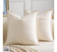 Madizz Juego de 2 Suave Chenilla Decorativo Funda de cojíns con Borde Neutras Fundas de Almohada Boho para Sofá Dormitorio Salón Crema Cuadrado 65 x 65 cm