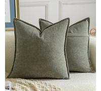 Madizz Juego de 2 Suave Chenilla Decorativo Funda de cojíns con Borde Neutras Fundas de Almohada Boho para Sofá Dormitorio Salón Verde Oliva Cuadrado 60 x 60 cm