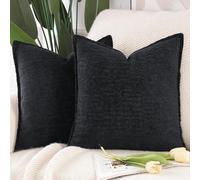 Madizz Juego de 2 Suave Chenilla Decorativo Funda de cojíns de Terciopelo con Borde Neutras Fundas de Almohada Boho para Sofá Dormitorio Salón Negro Cuadrado 40 x 40 cm