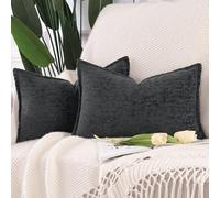 Madizz Juego de 2 Suave Chenilla Decorativo Funda de cojíns de Terciopelo con Borde Neutras Fundas de Almohada Boho para Sofá Dormitorio Salón Gris Oscuro Rectangular 30 x 50 cm