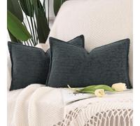 Madizz Juego de 2 Suave Chenilla Decorativo Funda de cojíns de Terciopelo con Borde Neutras Fundas de Almohada Boho para Sofá Dormitorio Salón Azul Gris Rectangular 40 x 80 cm
