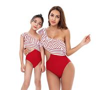 Madre e Hija Bikinis Traje de Baño de Una Pieza Padre-Hijo Bikini Traje de Baño un Hombro de Playa, Mamá Mujer Niña Lindo Bikini Bañadores de Mujer de Verano Playa(Rojo-Niña,116)
