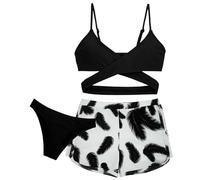 Maeau - Bikini Niña Bañador de Natación Ropa de Baño de 3 Piezas Conjunto de Bikini Verano Short de Baño Hawaiano Piscina Playa - Negro - 12-13 años