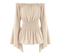 Maeau Blusa medieval para mujer, estilo vintage, hombros descubiertos, con volantes, manga trompeta, camiseta gótica, tallas S-XXL, beige, XL