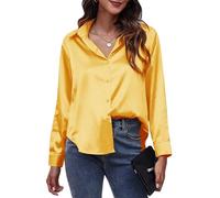 Maeau - Blusas Satén Mujer Camisa de Manga Larga Camisa Casual Elegante de Negocios Top Suelto con Botones Color Puro - Amarillo Jengibre - L