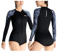 Maeau - Traje de Baño Mujer Bañador de Surf 2mm Shorty de Una Pieza Traje de Baño Snorkeling Manga Larga Protector Sarpullido Neopreno Natación UPF 50+ S Negro