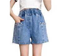 Maeau - Verano Short Demin Niña Bermuda Cintura Elástica Pantalone Corto Vaquero Cintura Alta Retro Clásico Chic Short Jean con Bolsillo - Azul - 11-12 años