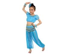 Mädchen handgemachtes Bauchtanzkostüm indisch Perlen Pailletten Tanzset Sommer Performance Kleid Mädchen (Sky Blue, 4-5 Years)