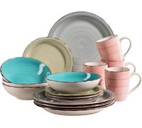 MÄSER 931499 Bel Tempo II - Vajilla para 4 personas (16 piezas, cerámica pintada a mano), gres, color azul ahumado/turquesa/verde/rosa