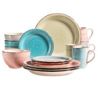 MÄSER 931604 Bel Tempo II - Vajilla para 4 personas (16 piezas, cerámica pintada a mano, gres, verde/rosa/turquesa/azul ahumado)
