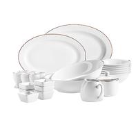 MÄSER 931735 Serie Professional Dining - Juego de cuencos para cereales, hueveras, cuencos, azucareros, leche, cuencos para salsas y platos para servir, 24 piezas, color blanco con borde dorado,