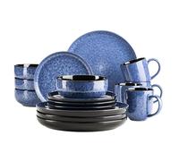 MÄSER 934109 Serie Filippa, vajilla de cerámica para 4 personas, moderno juego de vajilla combinada de 16 piezas; platos, cuencos y vasos con esmalte reactivo en azul y negro, gres, azul.