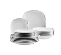 Mäser Fadilla - Juego de platos para 4 personas con diseño de puntos reducidos (18 piezas, con platos planos, platos hondos y platos de postre, porcelana), color blanco