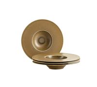 MÄSER Grumpy 935274 - Platos gourmet de alta calidad con borde ancho fabricado en Portugal, 4 piezas, platos de pasta con esmalte reactivo en oro brillante, marrón, porcelana
