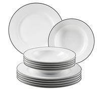 Mäser, Serie Nola - Vajilla para 6 personas moderna, color blanco con borde negro, juego de 12 piezas con plato llano y plato hondo - Vajilla redonda, vajilla, vajilla, color blanco