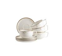 MÄSER Serie Pintar - Juego de tazas de café para 4 personas, 8 piezas con esmalte claro, motas visuales marrones y borde fino de aspecto vintage hecho a mano, porcelana