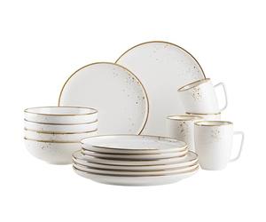 MÄSER Serie Pintar - Vajilla de alta calidad para 4 personas, 16 piezas, con esmalte claro, motas marrones visuales y borde fino en aspecto vintage hecho a mano, porcelana