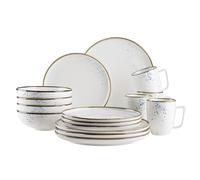 MÄSER Serie Pintar - Vajilla de alta calidad para 4 personas, 16 piezas, con esmalte claro, motas visuales azules y bordes finos en aspecto vintage hecho a mano, porcelana