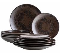 MÄSER Vajilla de bronce metálico, 12 piezas para 4 personas con esmalte noble brillante, juego de platos con plato llano, plato hondo y plato de postre de cerámica de alta calidad, gres, color marrón