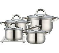 Maestro MR-2021 Batería de Cocina Acero Inoxidable, 8 Piezas, Inducción, 3 Cacerolas, 1 Cazo, 4 Tapas de Cristal + Salvamanteles de Acero Inoxidable, Apta Para Todo Tipo de Cocinas, Apta Lavavajillas