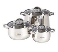 Maestro MR-2120-6L Batería de Cocina Acero Inoxidable, 6 Piezas, Inducción, 3 Cacerolas, 3 Tapas de Cristal, Apta Para Todo Tipo de Cocinas, Apta Lavavajillas