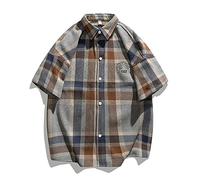 MAFLEN Men Plaid Shirt Loose Colour Coordination Short Sleeve Shirt Classic Lapels Button Placket Men Casual Shirt Summer Breathable Tops Retro Street Style Men Outdoor Shirt D-Grey Blue L