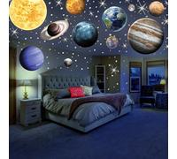 MAFOX Planetas que brillan en la oscuridad, calcomanías de pared brillantes del sistema solar, sol, tierra, Marte, etc. 9 calcomanías de techo brillantes para dormitorio, sala de estar, decoración de