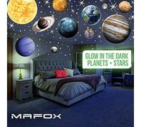 MAFOX Planetas que brillan en la oscuridad, calcomanías de pared brillantes del sistema solar, sol, tierra, Marte, etc. 9 calcomanías de techo brillantes para dormitorio, sala de estar, decoración de