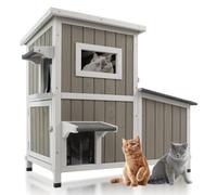 Magazoopet Casa para gatos al aire libre, resistente a la intemperie, refugio para gatos de dos pisos de madera con 3 puertas de escape exterior, gran refugio para gatos salvajes para múltiples gatos