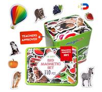 MAGDUM 110 Fotos Set Animales& Frutas& Verduras& Transporte Caja de Lata de Regalo- 110 Imanes Realistas Juguetes de Bebé 3 años- Juegos Educativo Aprender Magnético para niños- Imanes Nevera niños